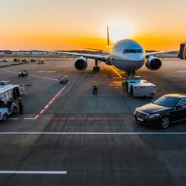 Airport terminal at sunset