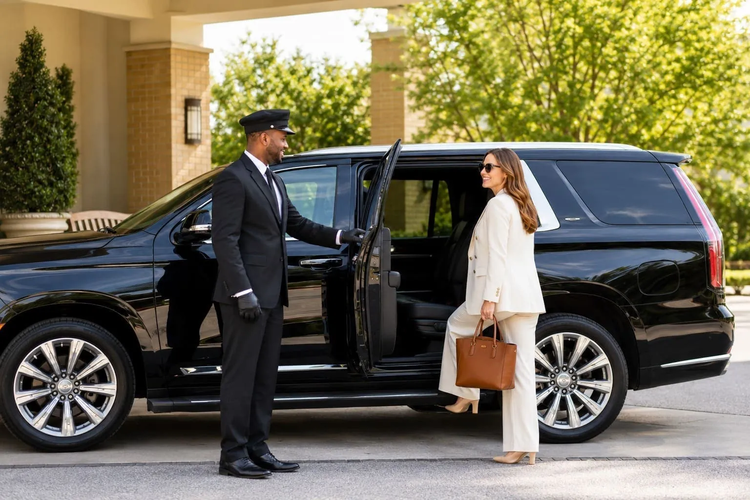A Swift Chauffeurs chauffeur opening the door of a black Cadillac Escalade for a client