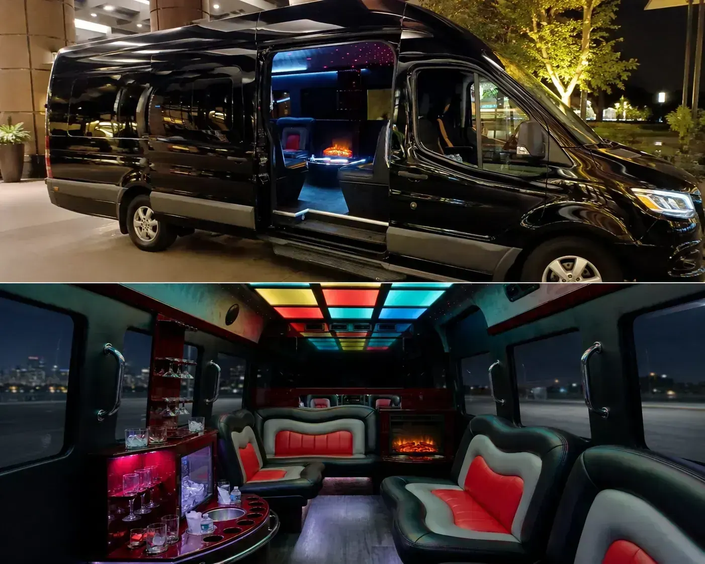 The Swift Lounge interior — premium seating, wet bar, TV, and dynamic lighting