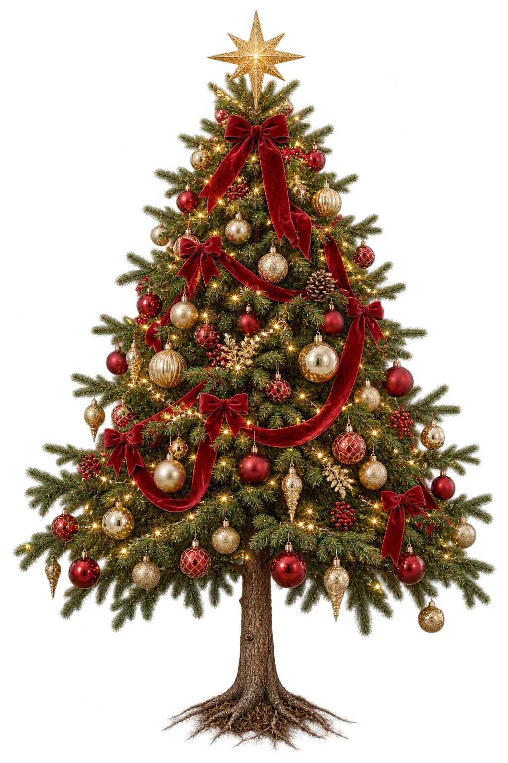 A full Christmas tree with a wooden trunk, gold lights and red ribbons