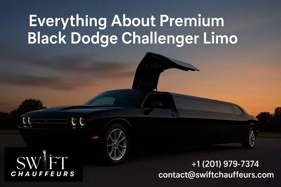 Black Dodge Challenger Limo at Dusk