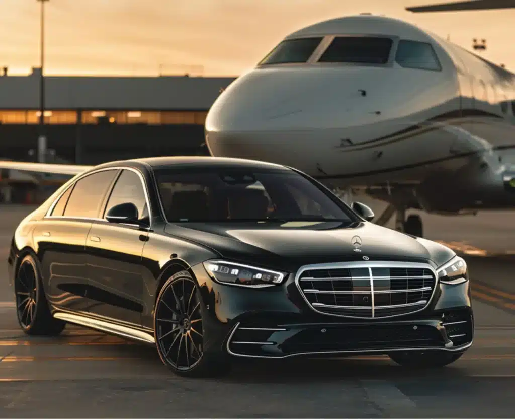 mercedes in front of plane
