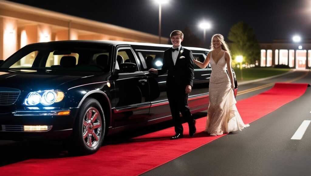 Create an image of a Black Limousine at a Prom Night with a couple stepping out on red carpet. Background should be a stret road near College campus. Create Realistic and raw images