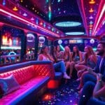 create an picture of a party bus going to an concert with all vibes and lights, create picture of interior
