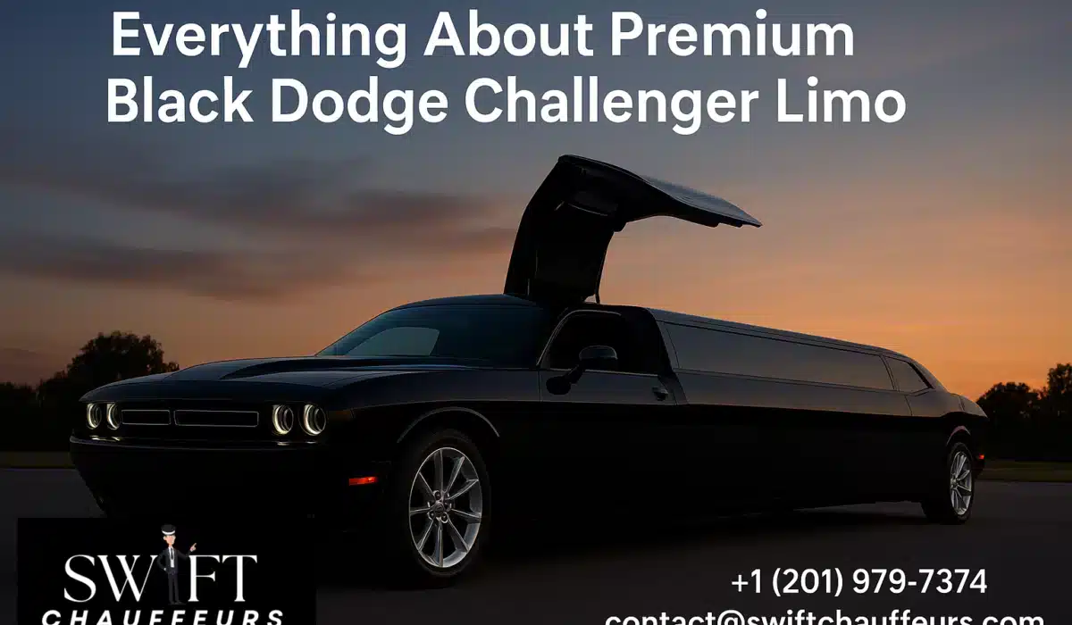 Black Dodge Challenger Limo at Dusk
