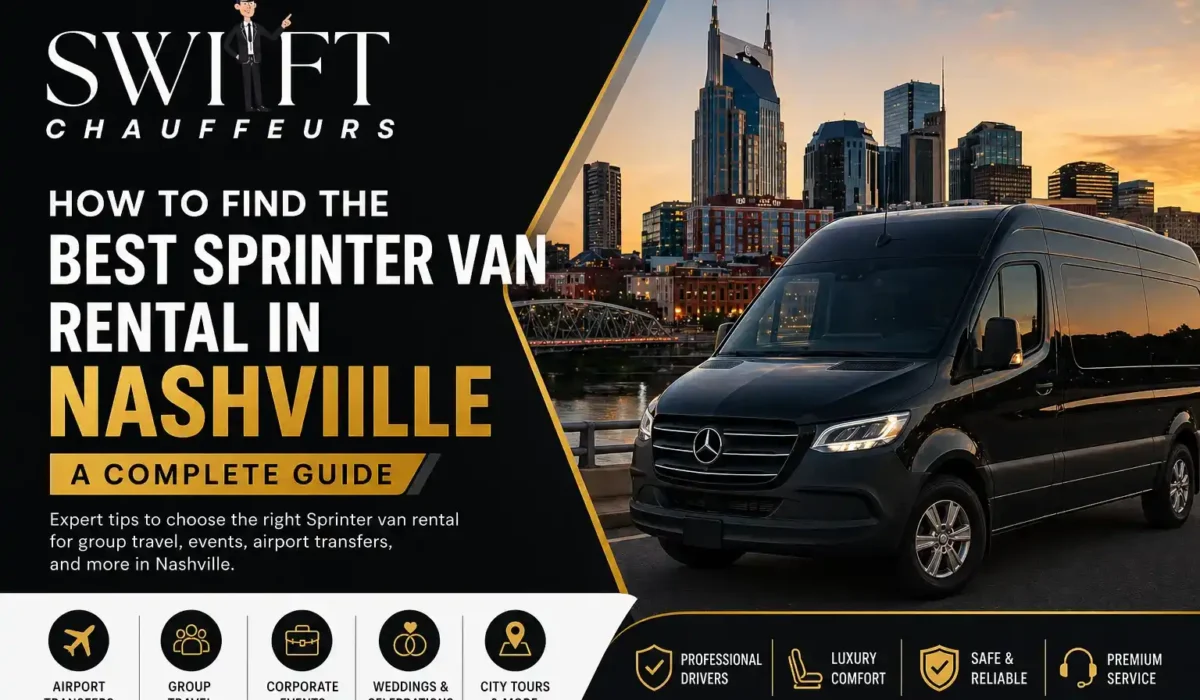 Swift Chauffeurs Sprinter van rental in Nashville with luxury van and city skyline at sunset