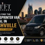 Swift Chauffeurs Sprinter van rental in Nashville with luxury van and city skyline at sunset