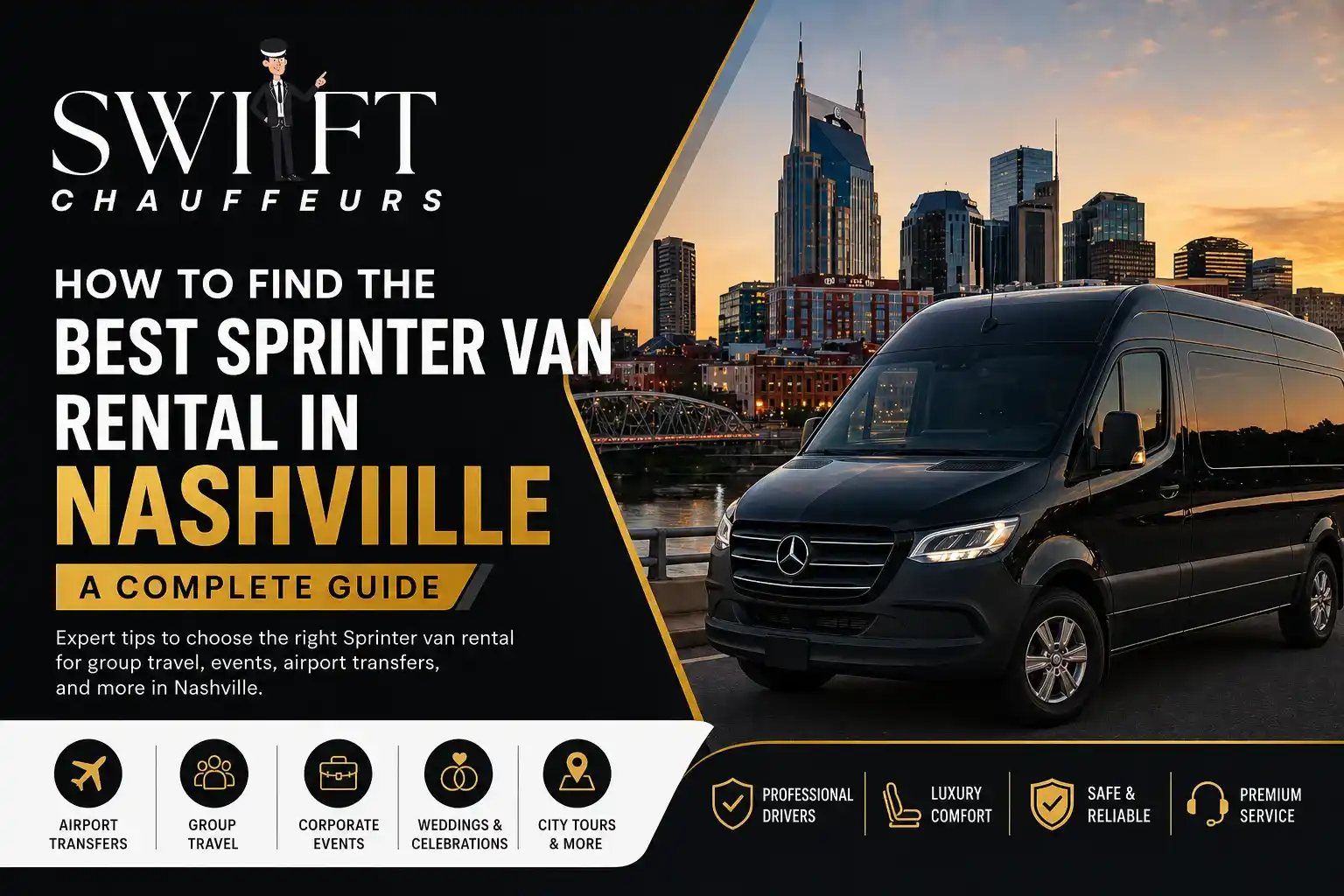 Swift Chauffeurs Sprinter van rental in Nashville with luxury van and city skyline at sunset