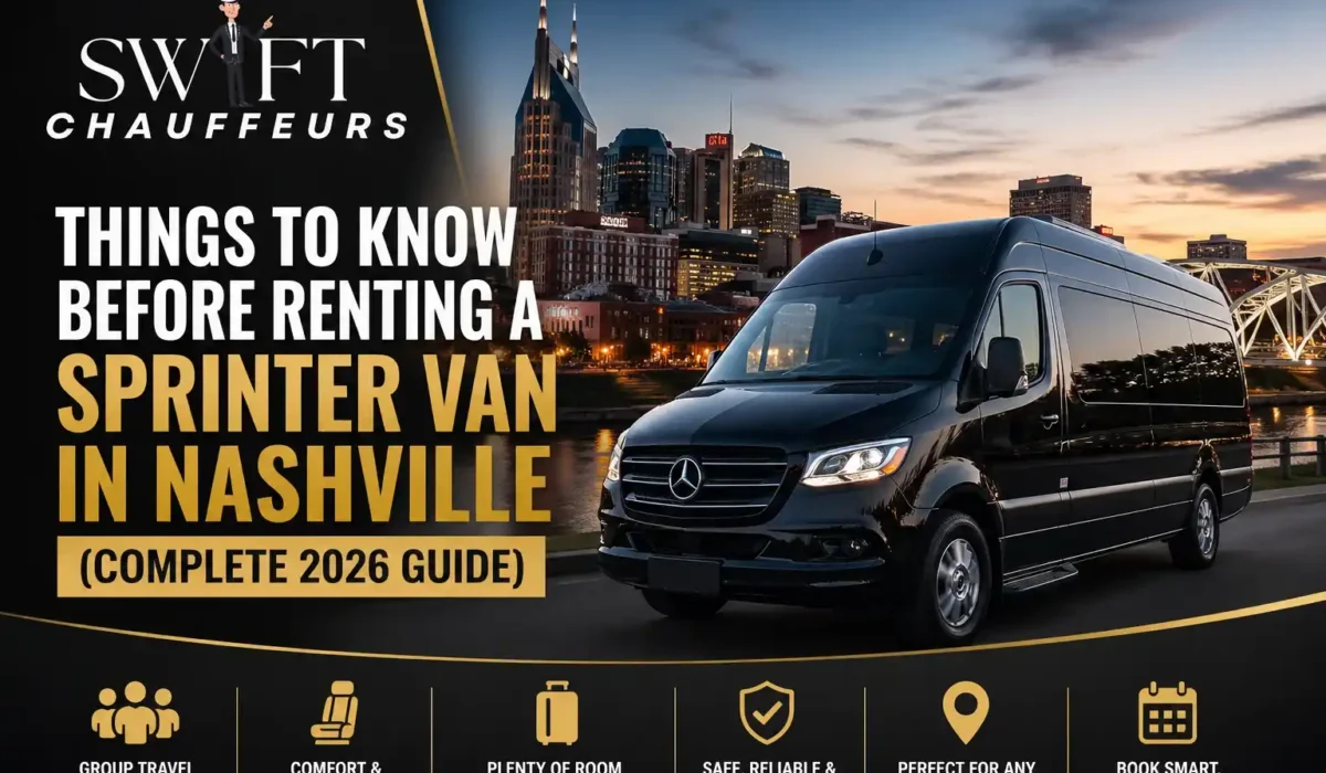 Luxury black Sprinter van in front of Nashville skyline with Swift Chauffeurs branding promoting group travel rental guide