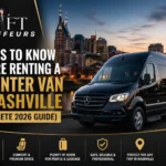Luxury black Sprinter van in front of Nashville skyline with Swift Chauffeurs branding promoting group travel rental guide