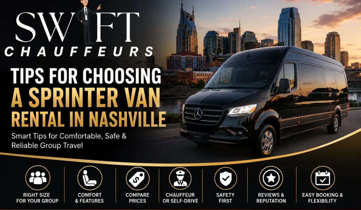 Luxury black Mercedes Sprinter van rental concept in Nashville featuring the Swift Chauffeurs logo with a professional chauffeur illustration, representing group transportation, airport transfers, weddings, and corporate travel services.