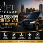 Luxury black Mercedes Sprinter van rental concept in Nashville featuring the Swift Chauffeurs logo with a professional chauffeur illustration, representing group transportation, airport transfers, weddings, and corporate travel services.