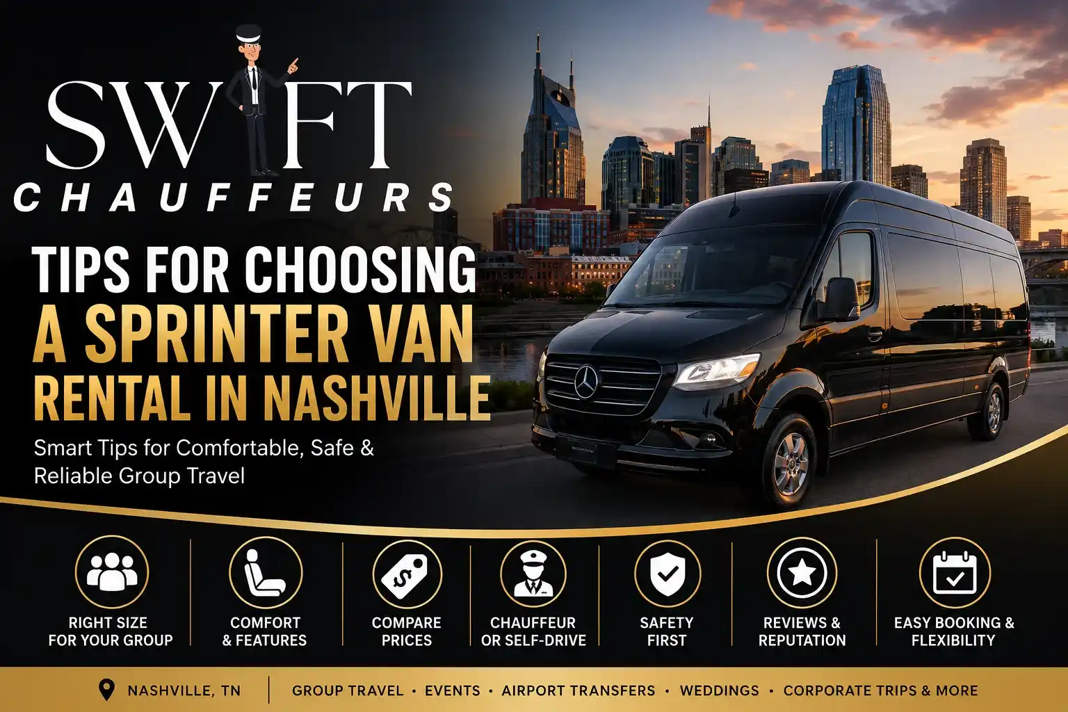 Luxury black Mercedes Sprinter van rental concept in Nashville featuring the Swift Chauffeurs logo with a professional chauffeur illustration, representing group transportation, airport transfers, weddings, and corporate travel services.