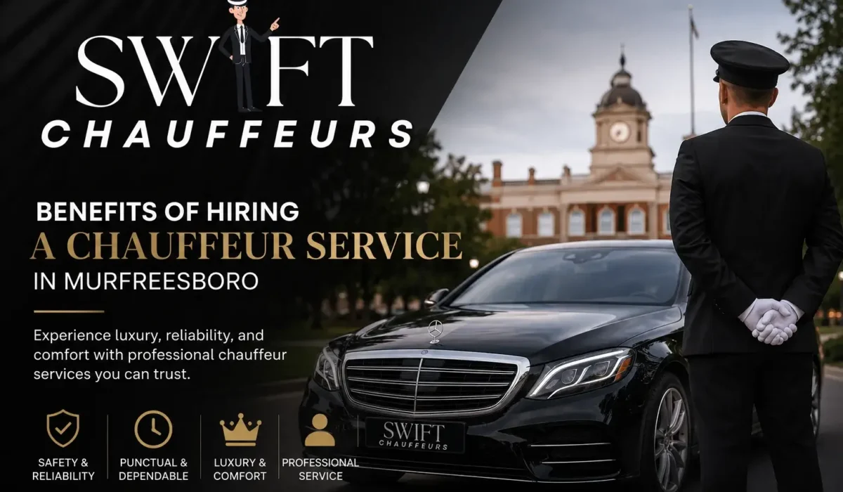 Luxury chauffeur service in Murfreesboro featuring a professional driver beside a premium black sedan for executive and airport transportation.