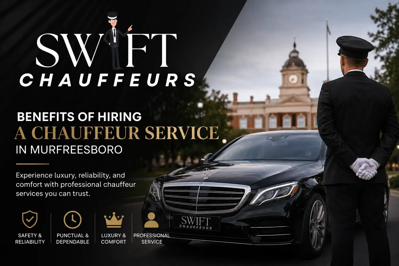 Luxury chauffeur service in Murfreesboro featuring a professional driver beside a premium black sedan for executive and airport transportation.