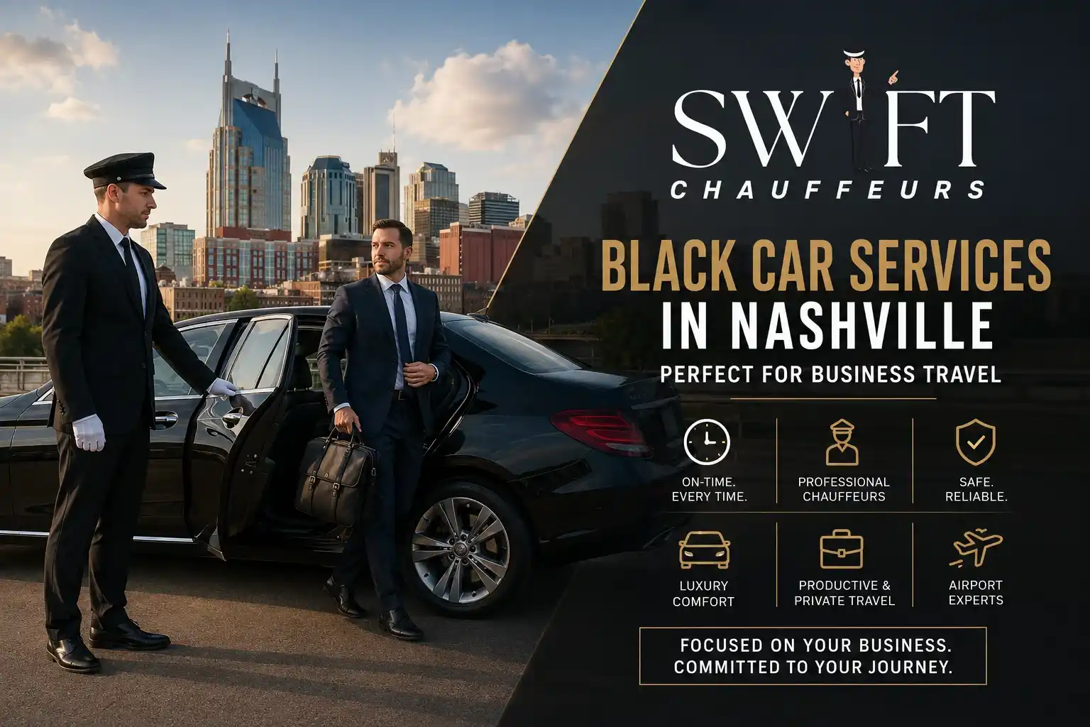 Swift Chauffeurs luxury black car service in Nashville for professional business travel and corporate transportation.