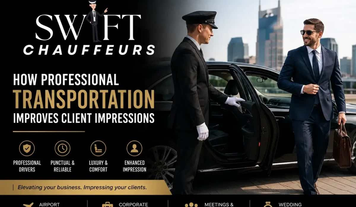 Professional chauffeur opening a luxury sedan door for a business executive, illustrating how professional transportation improves client impressions and executive travel.