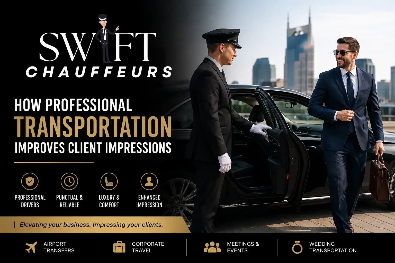 Professional chauffeur opening a luxury sedan door for a business executive, illustrating how professional transportation improves client impressions and executive travel.