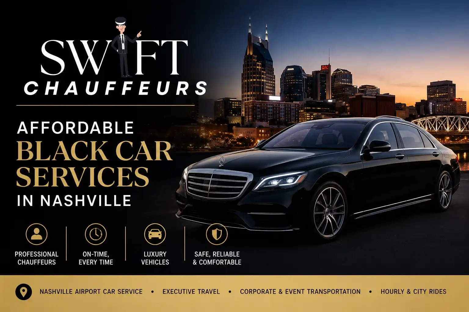 Affordable black car service in Nashville by Swift Chauffeurs featuring luxury airport transfers, executive transportation, limousine services, and professional chauffeur-driven vehicles.