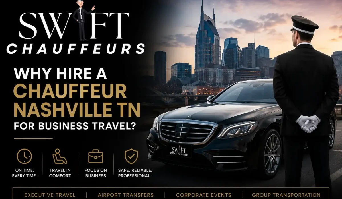 Professional chauffeur standing beside a luxury black sedan in downtown Nashville promoting executive business travel and chauffeur services by Swift Chauffeurs.