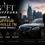 Professional chauffeur standing beside a luxury black sedan in downtown Nashville promoting executive business travel and chauffeur services by Swift Chauffeurs.