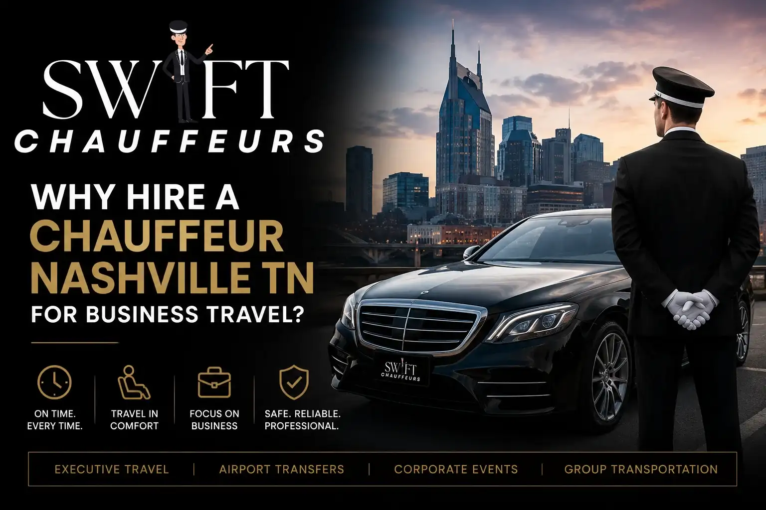 Professional chauffeur standing beside a luxury black sedan in downtown Nashville promoting executive business travel and chauffeur services by Swift Chauffeurs.