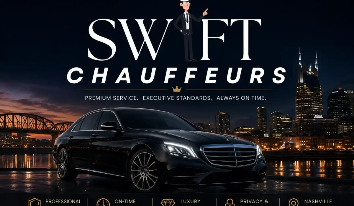 Luxury black car service in Nashville featuring a premium chauffeur-driven sedan with the Nashville skyline, highlighting private transportation preferred by celebrities and executives.
