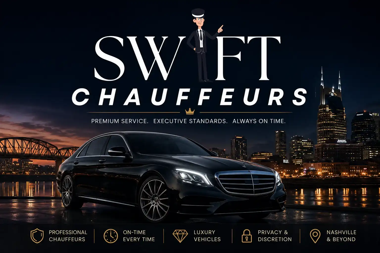 Luxury black car service in Nashville featuring a premium chauffeur-driven sedan with the Nashville skyline, highlighting private transportation preferred by celebrities and executives.