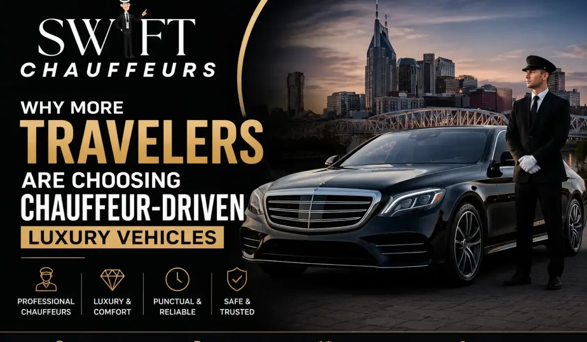 Professional chauffeur standing beside a luxury black sedan with the Swift Chauffeurs logo, representing premium chauffeur-driven transportation in Nashville.