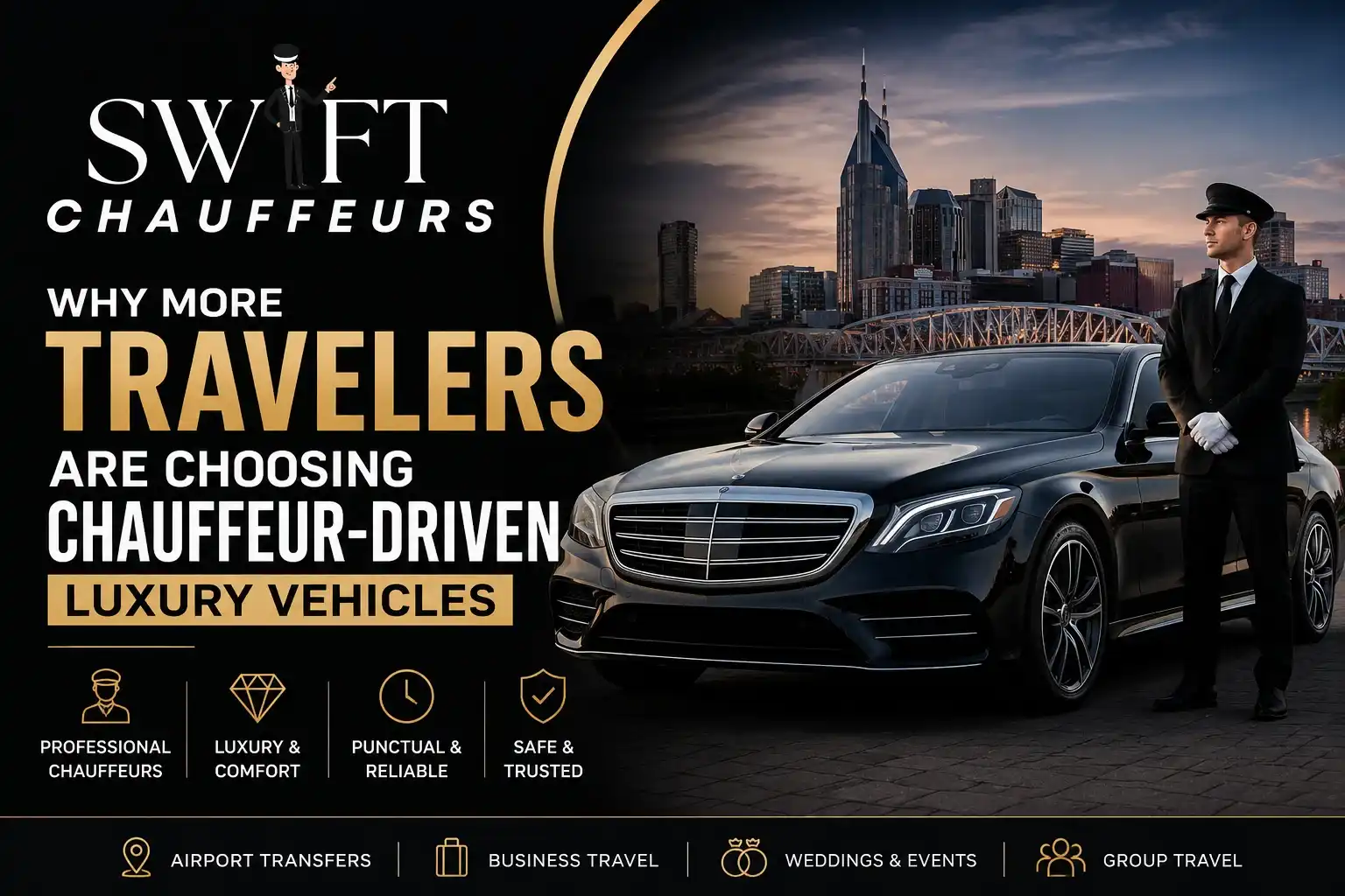 Professional chauffeur standing beside a luxury black sedan with the Swift Chauffeurs logo, representing premium chauffeur-driven transportation in Nashville.